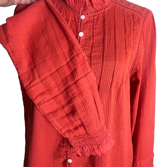 Faherty Willa Blouse Orangey - Red Pintuck Organic Cotton Ruffle L/S Top Size S - Picture 7 of 11